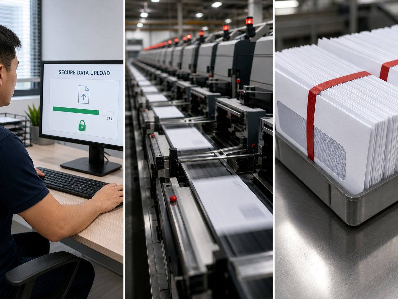 In-Touch workflow: secure data upload, automated production line, and finished SingPost-ready mailers
