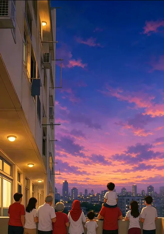 Neighbours of different races watching the sunset together from an HDB corridor, from the In-Touch National Day film