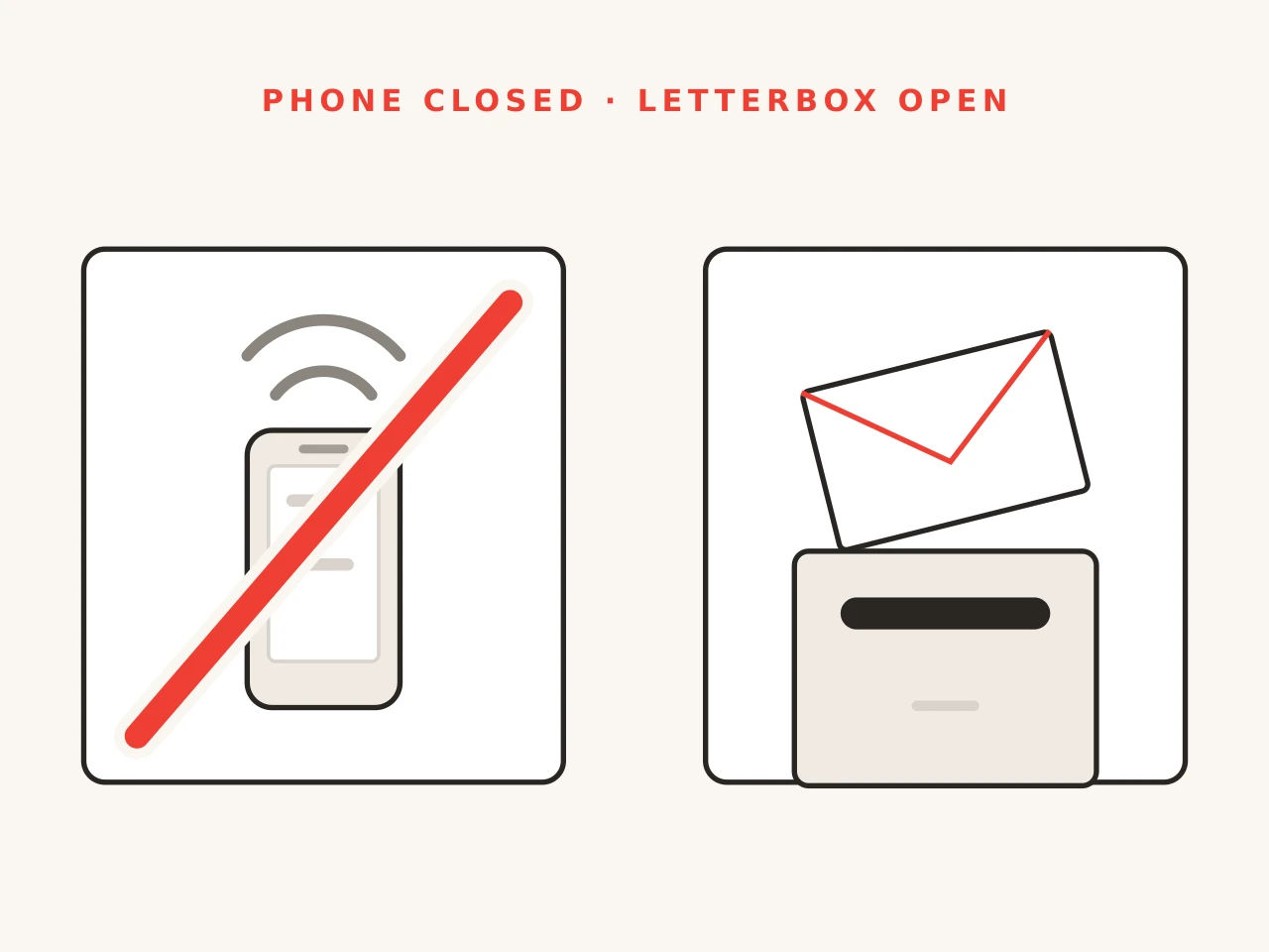 A mobile phone struck through beside a letterbox accepting an addressed envelope